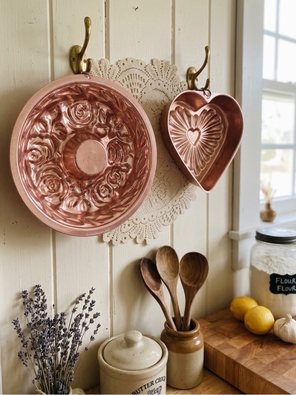 Set of 2 Vintage Copper Wall Molds Anchor Hocking 1963 Rose & Heart Decor